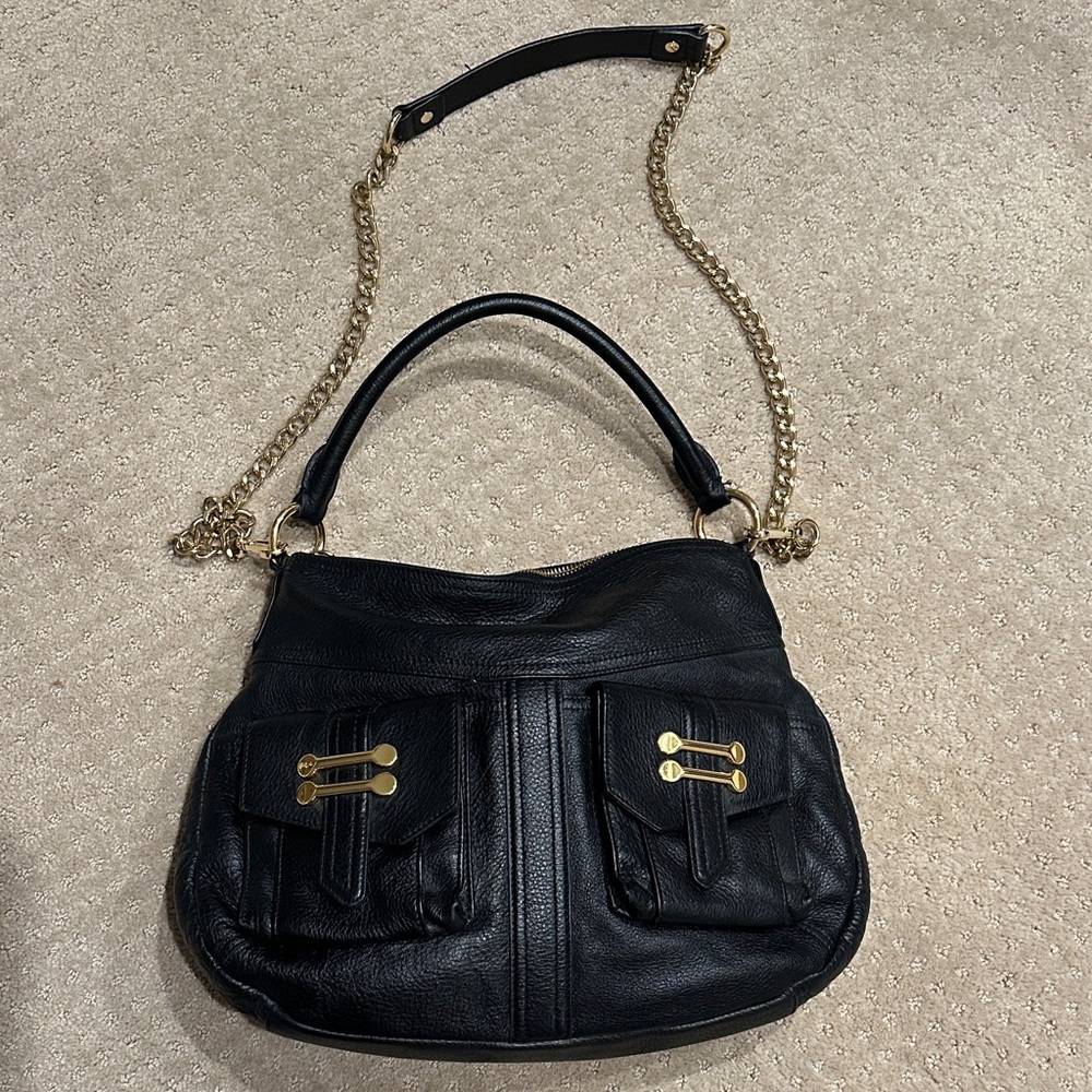 Lauren Ralph Lauren Black Soft Leather Shoulder Bag with Gold Chain